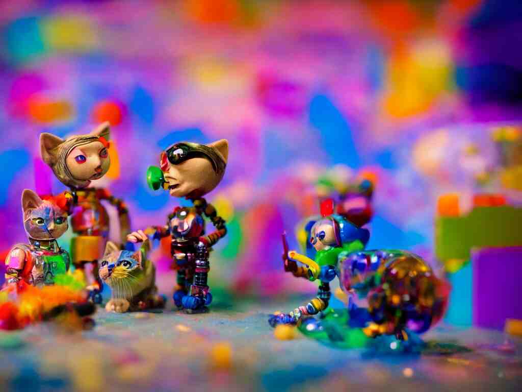 a cinematic film still of a claymation stop motion film, a gay mage and his artist boyfriend in a colorful glass universe, making robotic kittens, shallow depth of field, 8 0 mm, f 1. 8 