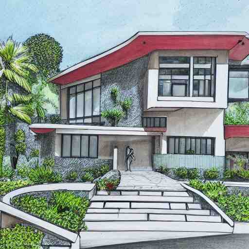 an architectural drawing of a modern house with a courtyard, detailed, lush, 