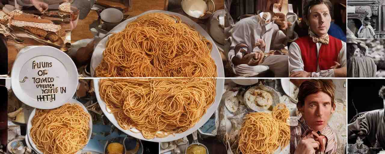 famous moments in history that include spaghetti, small details, intricate, canon 5 0 mm, wes anderson film, kodachrome 