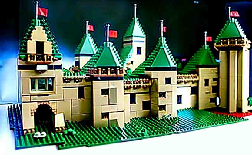 a realistic detailed accurate Lego set of a medieval French castle on a green hill