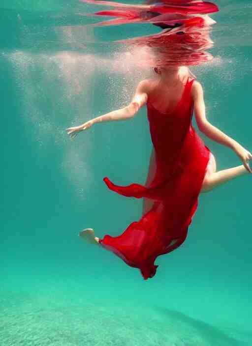 girl in a long dress swimming underwater, caustics, surreal underwater photography