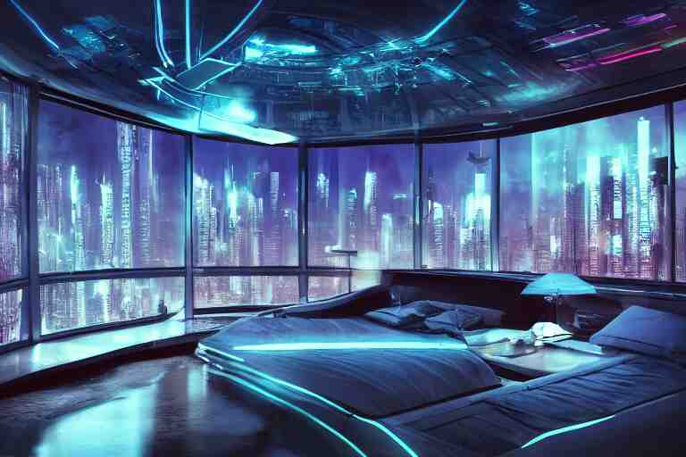 a futuristic bedroom with large curved ceiling high windows looking out to a far future cyberpunk cityscape, flying vehicles and robots passing by outside, night time, cyberpunk neon lights, raining