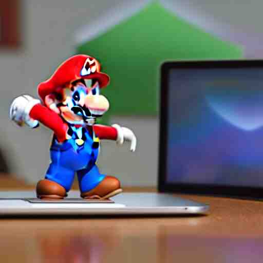 photo of super mario working on his macbook, highly detailed, extremely high quality, hd, 4 k, 8 k, professional photographer, 4 0 mp, lifelike, top - rated, award winning, realistic, detailed lighting, detailed shadows, sharp, no blur, edited, corrected, trending 