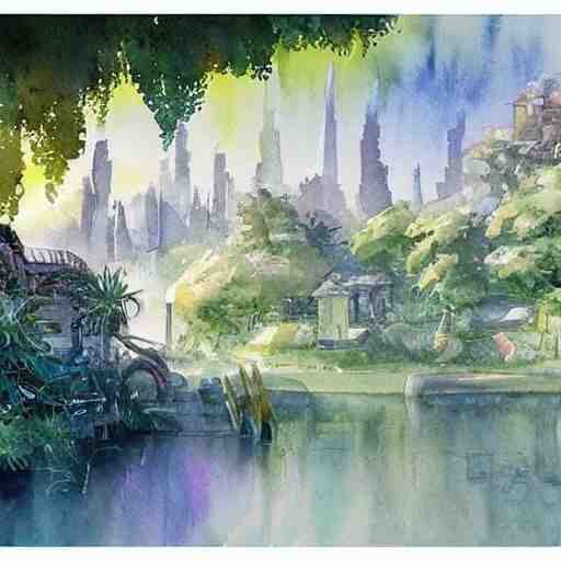 Beautiful happy picturesque charming sci-fi town in harmony with nature. Beautiful light. Water and plants. Nice colour scheme, soft warm colour. Beautiful detailed artistic watercolor by Vincent. (2022)