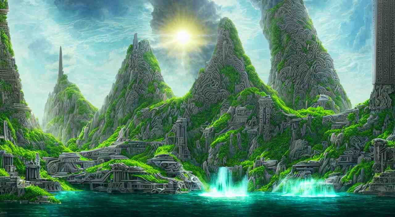 
a matte painting futurist of a green water city of Atlantis grec greeble temple olymp glory in sun shaft zeus sky tower statue pantheon ivy plant grow flower in white marble gold incrusted of legends adn red flag dynasty by Frank Lloyd Wright and Zaha Hadid torch volume light stylized illustration  digital airbrush painting, 3d rim light, hyperrealistic masterpiece, artstation, cgsociety, kodakchrome, golden ratio waterfall


