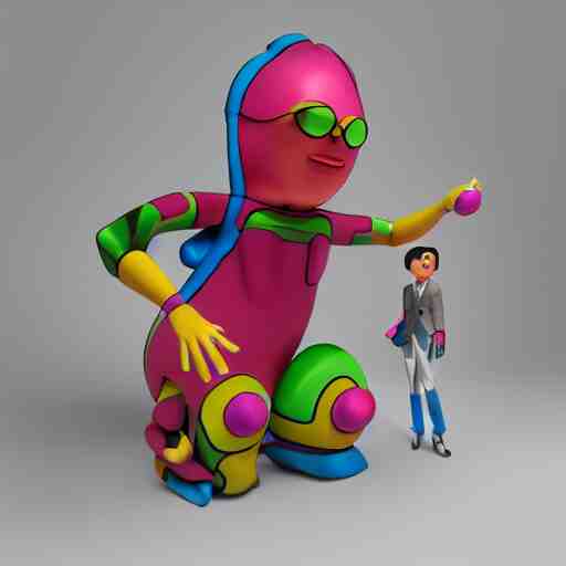 mid - century weirdo cartoon sculpture toy on display photoshoot, 4 k, hyper realistic, natural, highly detailed, digital illustration, trending in artstation, smooth, sharp focus art by jeff koons 