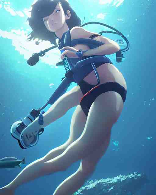 a girl scuba diving in an ocean full of sea life, full shot, atmospheric lighting, detailed face, by makoto shinkai, stanley artgerm lau, wlop, rossdraws 