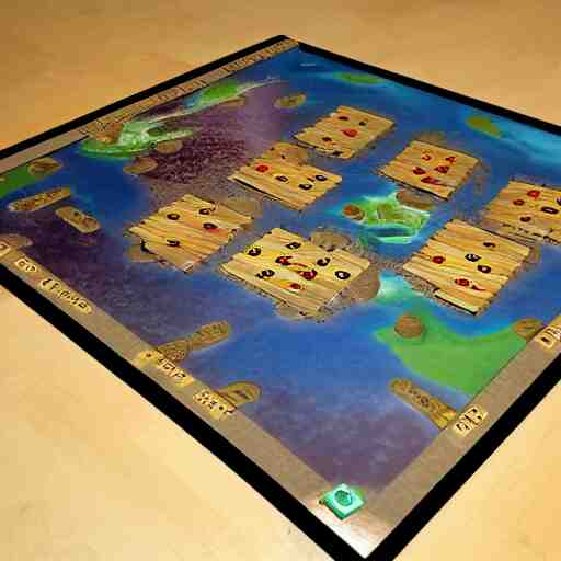 board for a board game including two large islands, two medium sized islands, and one small island 