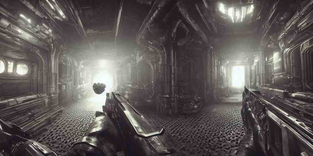 Gameplay footage of a first person game designed by H.R Giger and Kojjima, amazing graphics, raytracing, detailed