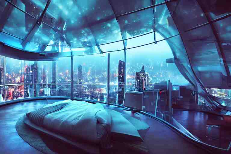 a futuristic bedroom with large curved ceiling high windows looking out to a far future cyberpunk cityscape, cyberpunk neon lights, raining, scifi