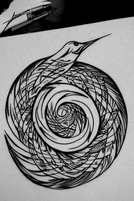 a simple tattoo design of birds flying in a 2 spiral, black ink, logo 