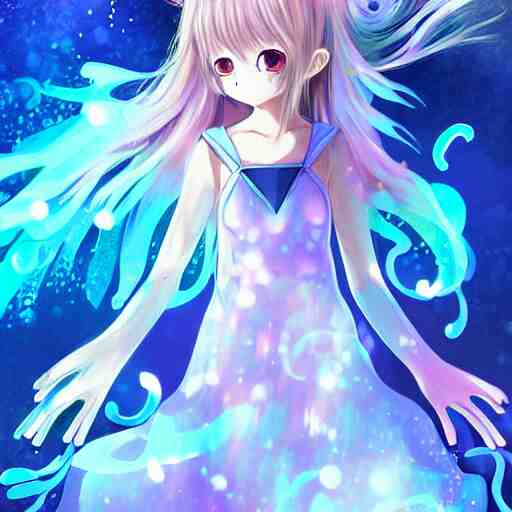 advanced digital art a very cute anime girl wearing a dress made of water turning into mist standing in a crystal lake full body WLOP RossDraws Totorl Sakimimichan