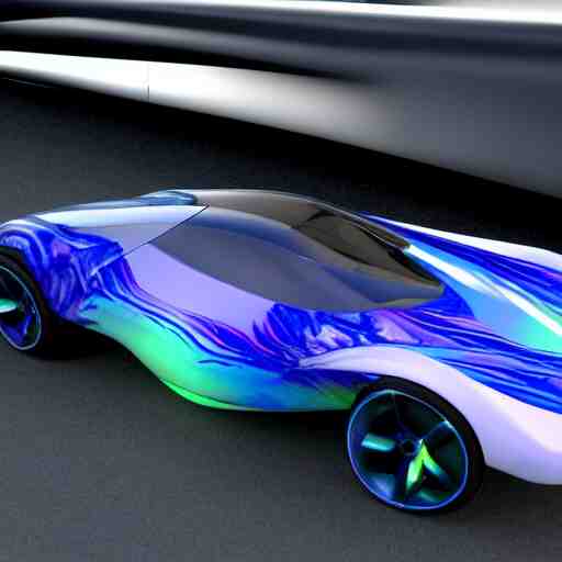 concept car with wings and iridescent paint, octane, grandure, highly detailed, reflective marble floor