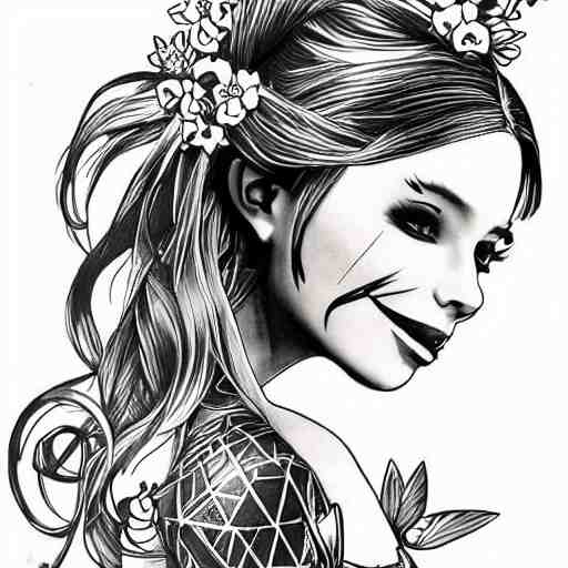 tattoo design, stencil, tattoo stencil, traditional, beautiful portrait of a Belle Delphine with flowers in her hair, upper body, by artgerm, artgerm, artgerm, digital art, cat girl, anime eyes, anime, sexy-s 100