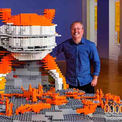 1 0, 0 0 0 piece lego sculpture by a master builder of a smiling orange cat with a big head and white face walking upright, scratch. mit. edu, product photography, studio lighting 