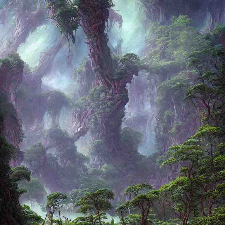 digital painting of a lush natural scene on an alien planet by gerald brom. digital render. detailed. beautiful landscape. wet. 