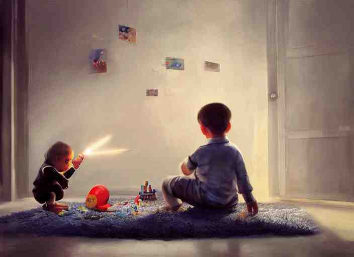 lonely toddler elon musk sitting on a shaggy rug playing with his little rockets, bedroom, realistic painting, beautiful soft lighting, istvan sandorfi 