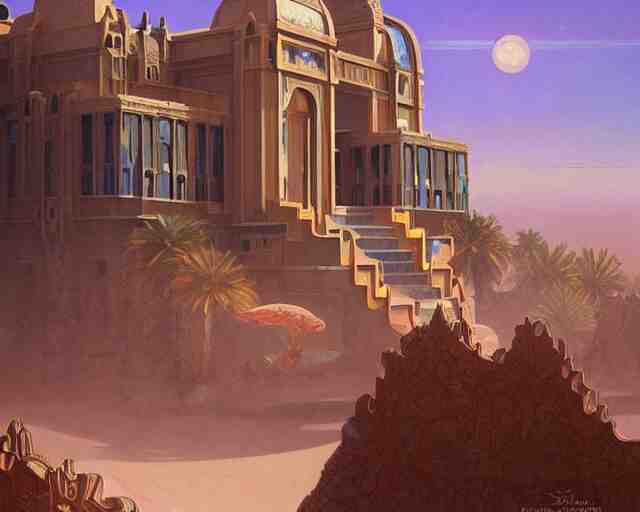 art deco palace in the desert, fantasy, intricate, elegant, highly detailed, digital painting, artstation, concept art, matte, sharp, illustration, hearthstone, art by artgerm and greg rutkowski and alphonse mucha 