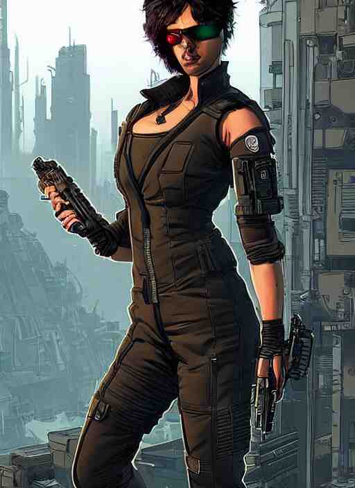 feminist selina. gorgeous female cyberpunk assassin wearing a military vest, and tactical jumpsuit. gorgeous face. realistic proportions. concept art by james gurney and laurie greasley. moody industrial skyline. artstationhq. creative character design for cyberpunk 2 0 7 7. 