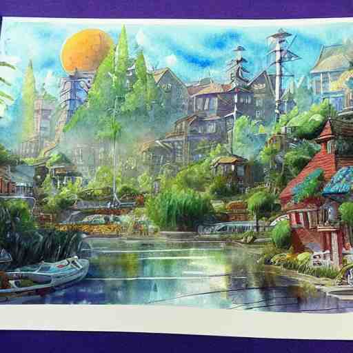 Beautiful happy picturesque charming sci-fi town in harmony with nature. Beautiful light. Water and plants. Nice colour scheme, soft warm colour. Beautiful detailed artsy watercolor by Vincent. (2022)