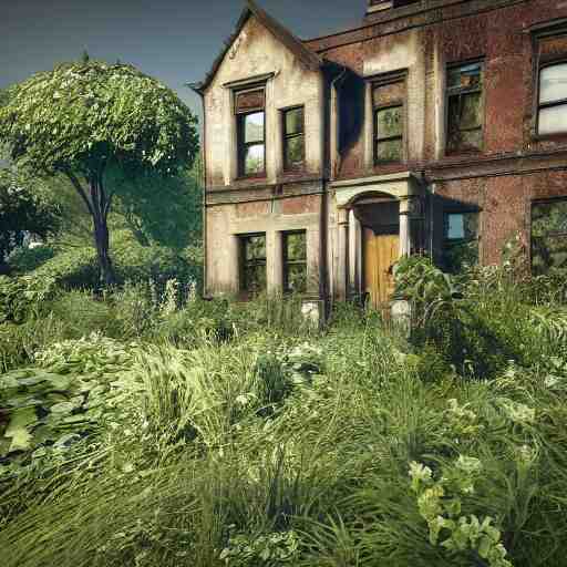 outside a derelict victorian house, garden in front of house is overgrown and walls are crumbling down, moss and ivy cover the walls ray traced unreal 5, ultra details 