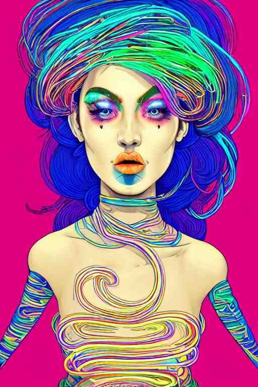 a award winning portrait of a beautiful woman with stunning eyes in a one off shoulder croptop and cargo pants with rainbow colored hair, outlined by whirling illuminated neon lines and fine lines swirling in circles by joe fenton, digital art, trending on artstation 