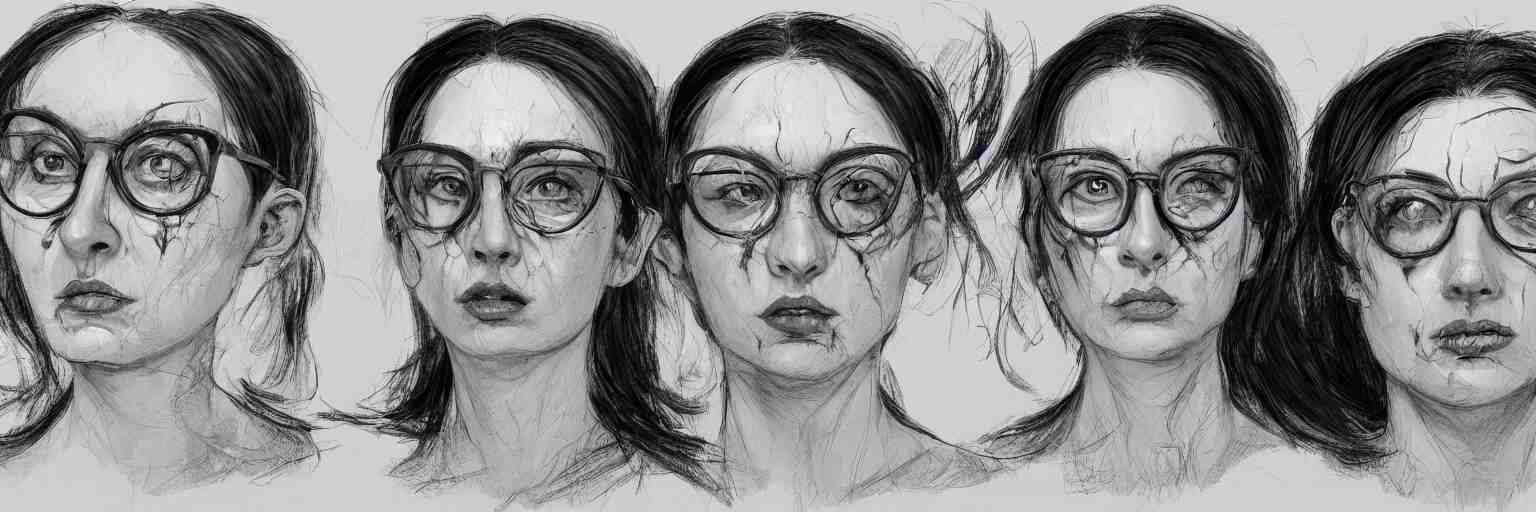 character study of female adolf hitter, evil woman, glasses, clear faces, emotional, character sheet, fine details, concept design, contrast, kim jung gi, francis bacon and jenny saville, trending on artstation, 8 k, full body and head, turnaround, front view, back view, ultra wide angle 