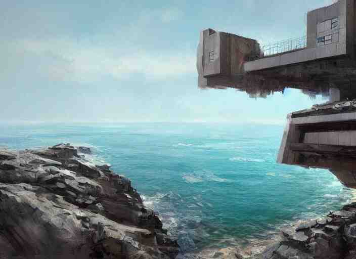 brutalist house, coastal perched on a cliff overlooking a magnificient bay, concept art oil painting by Jama Jurabaev, extremely detailed, brush hard, artstation