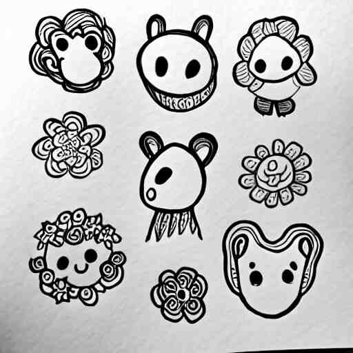 fun doodle characters, flowers, rainbows, drawn with a black 0. 3 mm fineliner on a white paper 