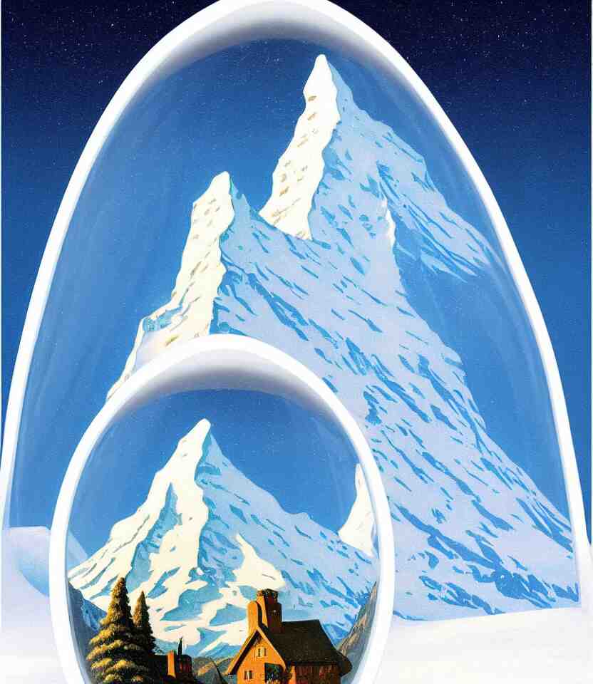 an achingly beautiful print of one cylindrical snow globe with the matterhorn inside by raphael, hopper, and rene magritte. detailed, proportional, romantic, vibrant, enchanting, trending on artstation 