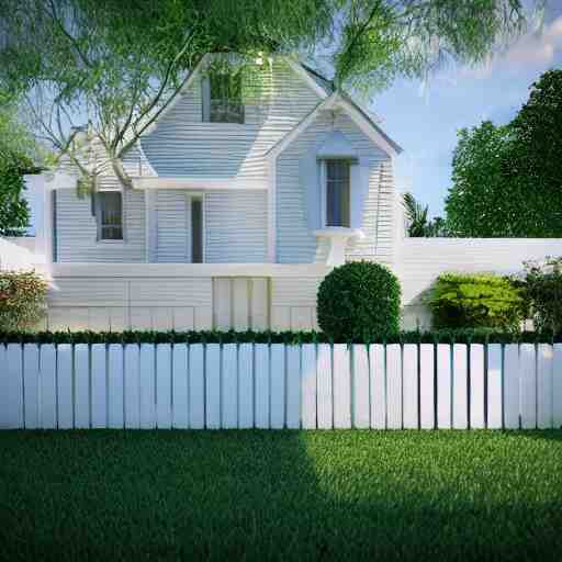 retrofuturist house, lawn, trees, white picket fence, realistc octane render, depth of field, soft lighting, 8k