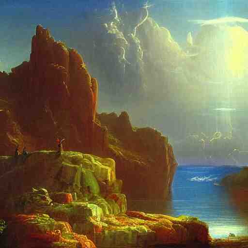 futuristic landscape in the style of thomas cole, landscape painting, romanticism, hudson river school, realism 