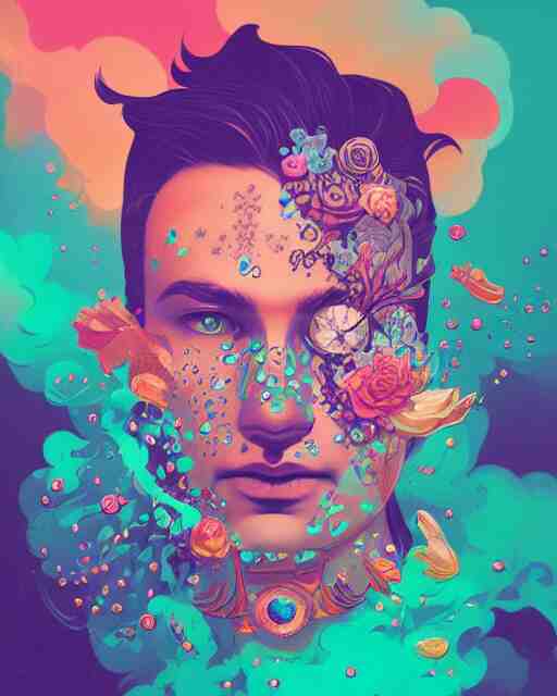 flowery face tattoos, by petros afshar, ross tran, peter mohrbacher, tom whalen, underwater bubbly psychedelic clouds 