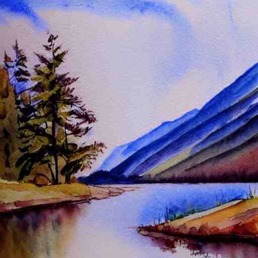 river, mountains, beautiful trees, watercolor painting 