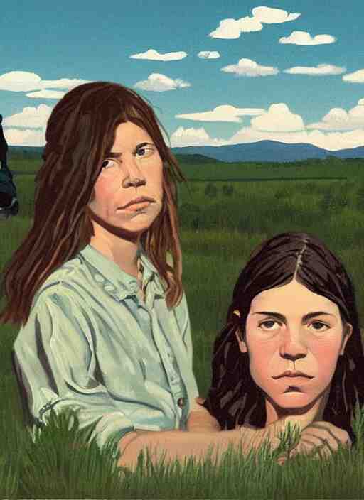 composition by justine kurland, a up - close portrait of girl friends sitting in a scenic representation of mother nature and the meaning of life by billy childish, thick visible brush strokes, shadowy landscape painting in the background by beal gifford, vintage postcard illustration, minimalist cover art by mitchell hooks 