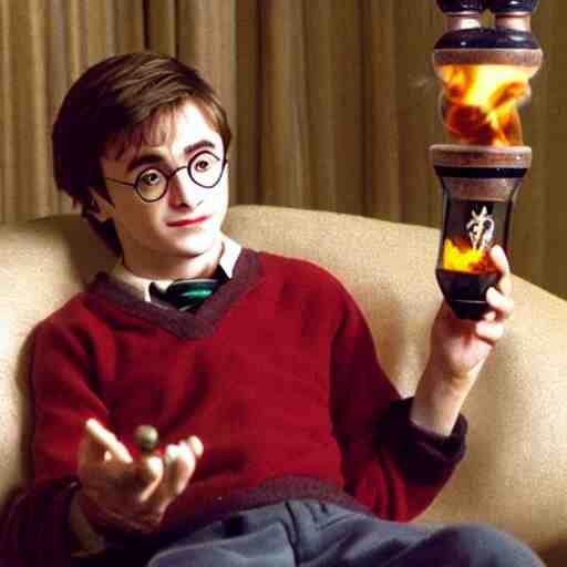 harry potter smoking a bong while sitting on a couch with a lava lamp next to him 