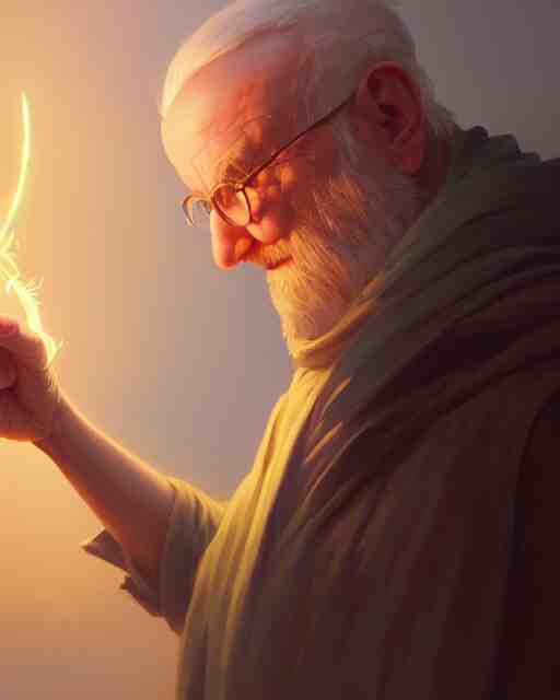 highly detailed vfx portrait of an old mage casting a light spell, unreal engine, greg rutkowski, loish, rhads, beeple, makoto shinkai and lois van baarle, ilya kuvshinov, rossdraws, tom bagshaw, alphonse mucha, global illumination, detailed and intricate environment 