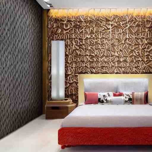 A room with futuristic furniture,  wallpaper on the walls, highly detailed, high definition, sharp focus,