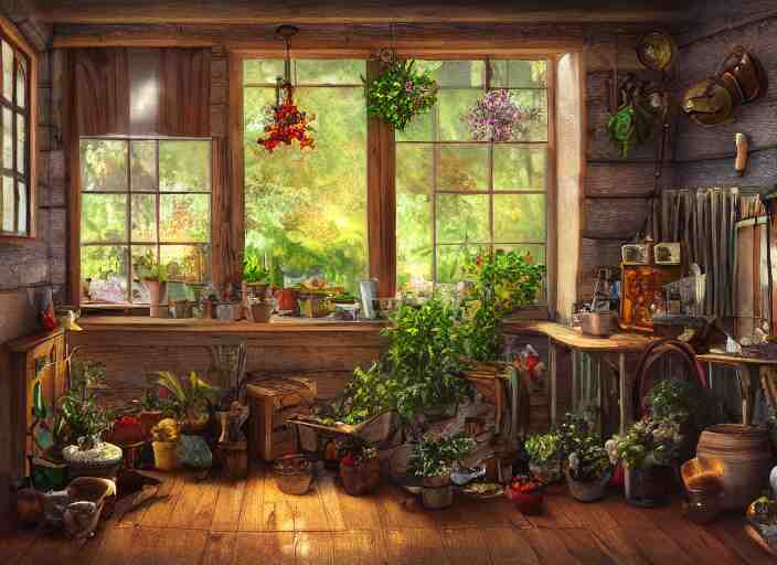 rustic oil painting, interior view of a cluttered herbalist cottage, waxy candles, wood furnishings, herbs hanging, light bloom, dust, ambient occlusion, rays of light coming through windows, oil painting