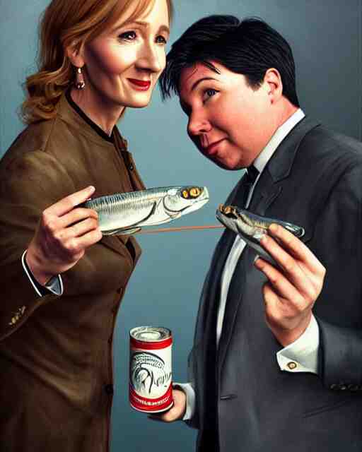 j k rowling & michael mcintyre holding a ring pull can of sardines, elegant, real life skin, intricate, high detailed, artstation, concept art, smooth, sharp focus, art by artgerm and greg rutkowski 