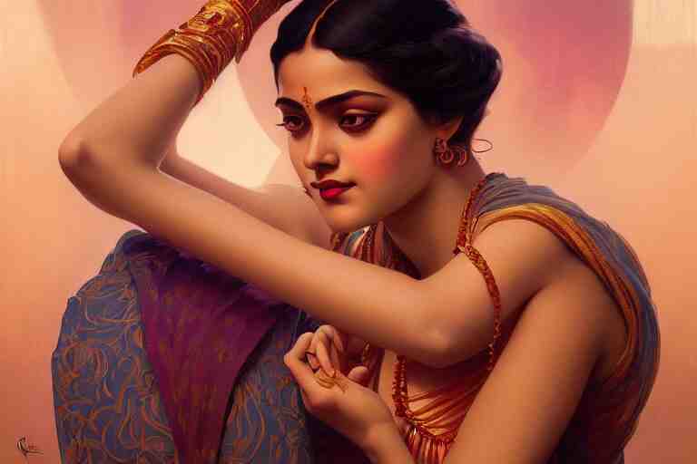 sensual bengali girl, art deco portrait, elegant, intricate, digital painting, artstation, concept art, smooth, sharp focus, illustration, art by artgerm and greg rutkowski and alphonse mucha 