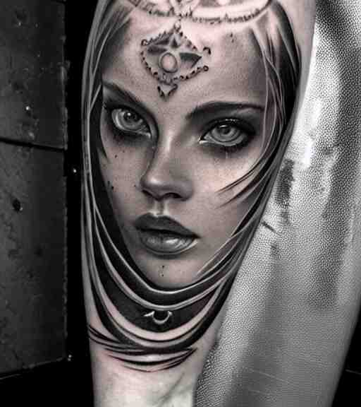 tattoo design of a beautiful girl warrior below a tiger head, hyper realistic, realism tattoo, by eliot kohek, beautiful eyes, realistic face, black and white, white background 