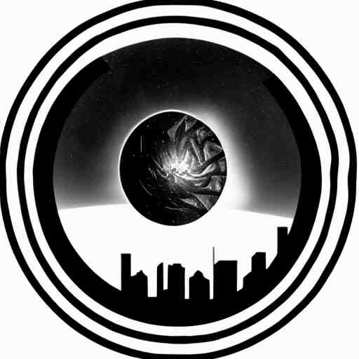 tattoo png logo of black hole rising above city, city destroyed by shockwave, black hole with accretion disс, digital art, vector logo, sticker, black and white, art by stefan koidl, brock hofer, marc simonetti 