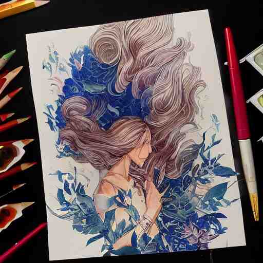 our desperation, selfishness, and our effort to save the world and ourselves in the face of all this modernity stand before us like a lyrical blow of wind, award winning watercolor pen illustration, by caroline choi artgerm 