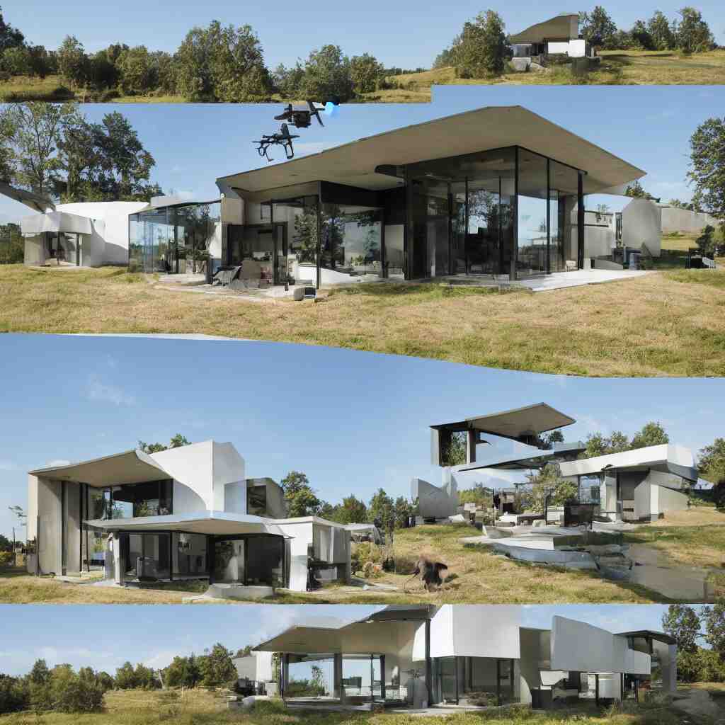 hybrid modern home mixed with a drone, a drone home, hovering over a field 