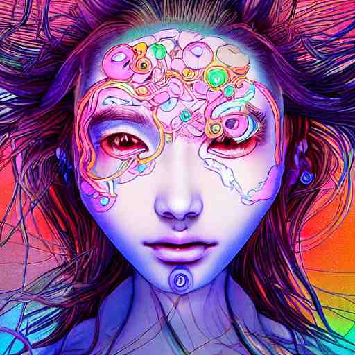 the face of a ridiculously beautiful and pretty japanese girl partially made of onion rings of all colors looking down, an ultrafine detailed illustration by james jean, final fantasy, intricate linework, bright colors, behance contest winner, vanitas, angular, altermodern, unreal engine 5 highly rendered, global illumination, radiant light, detailed and intricate environment 