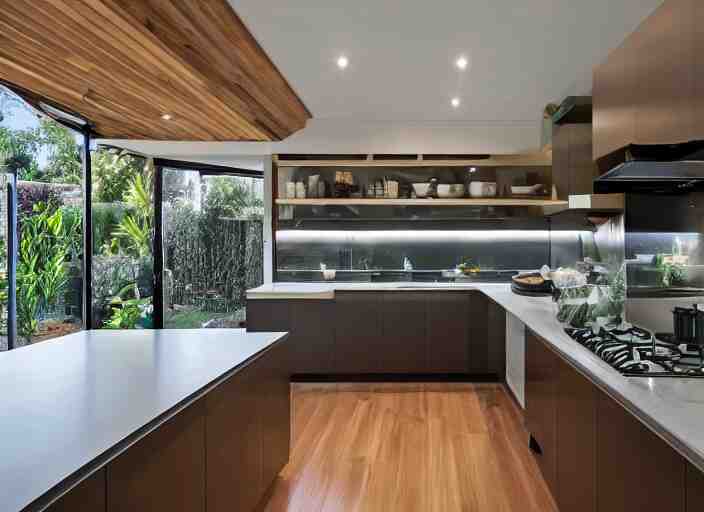 luxurious cannabis kitchen in australian suburban everyday life, charming and tranquil 