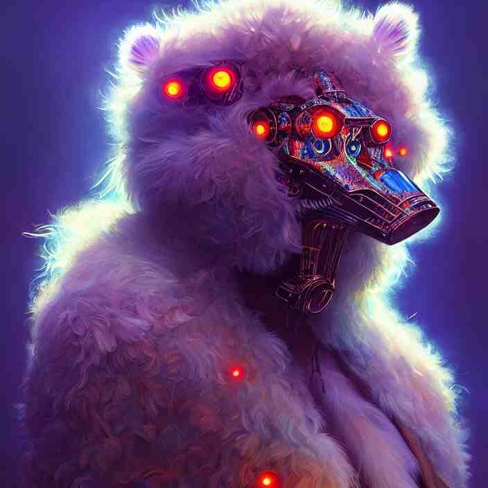 psychedelic fluffy furry animal cyborg, diffuse lighting, fantasy, intricate, elegant, highly detailed, lifelike, photorealistic, digital painting, artstation, illustration, concept art, smooth, sharp focus, art by John Collier and Albert Aublet and Krenz Cushart and Artem Demura and Alphonse Mucha