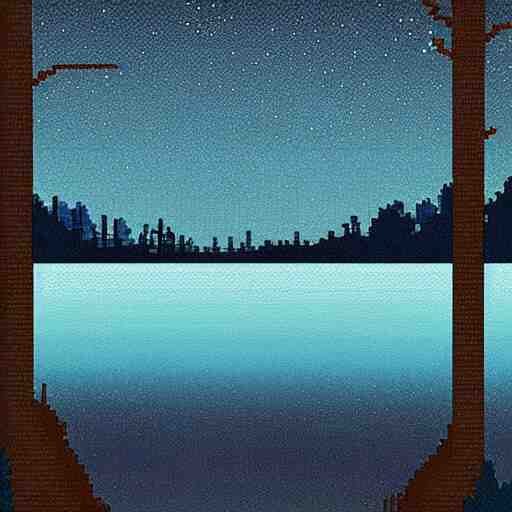 pixel art of a lake at night in a forest, dark blue colors 