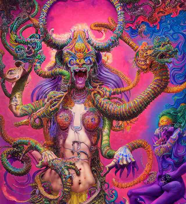 lisa frank blotter acid fantasy character portrait of kali ma, ultra realistic, wide angle, intricate details, dharma artifacts, aum, highly detailed by hr giger, peter mohrbacher, wayne barlowe, boris vallejo, hajime sorayama aaron horkey, gaston bussiere, craig mullins 